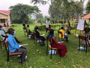 Uganda-malaria-Trainings began during a national COVID lockdown, and were held outside whenever Bugoye Health Centre